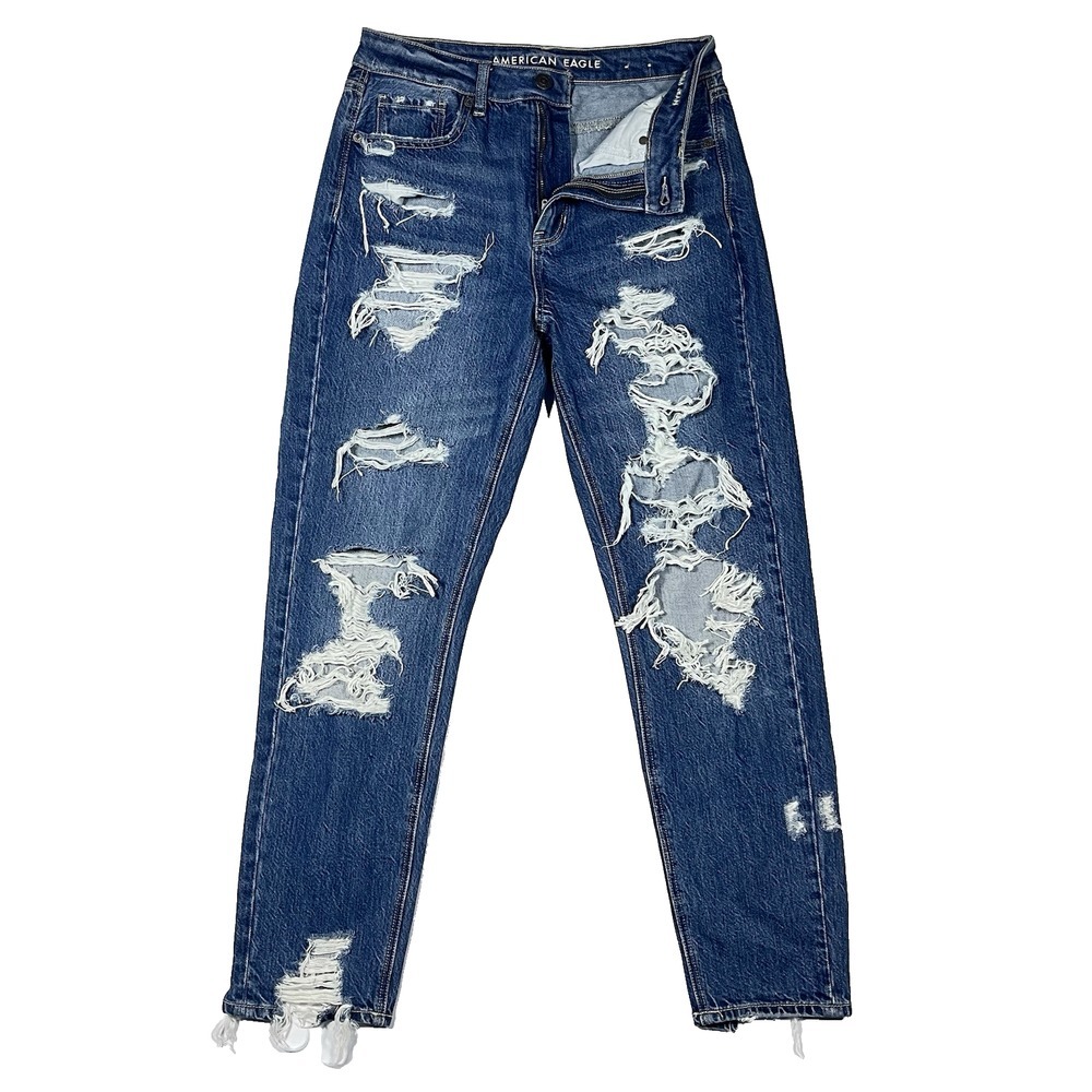 American Eagle Mom Jean Comfort Stretch Waist  Women Size 4 Blue Distressed Dark